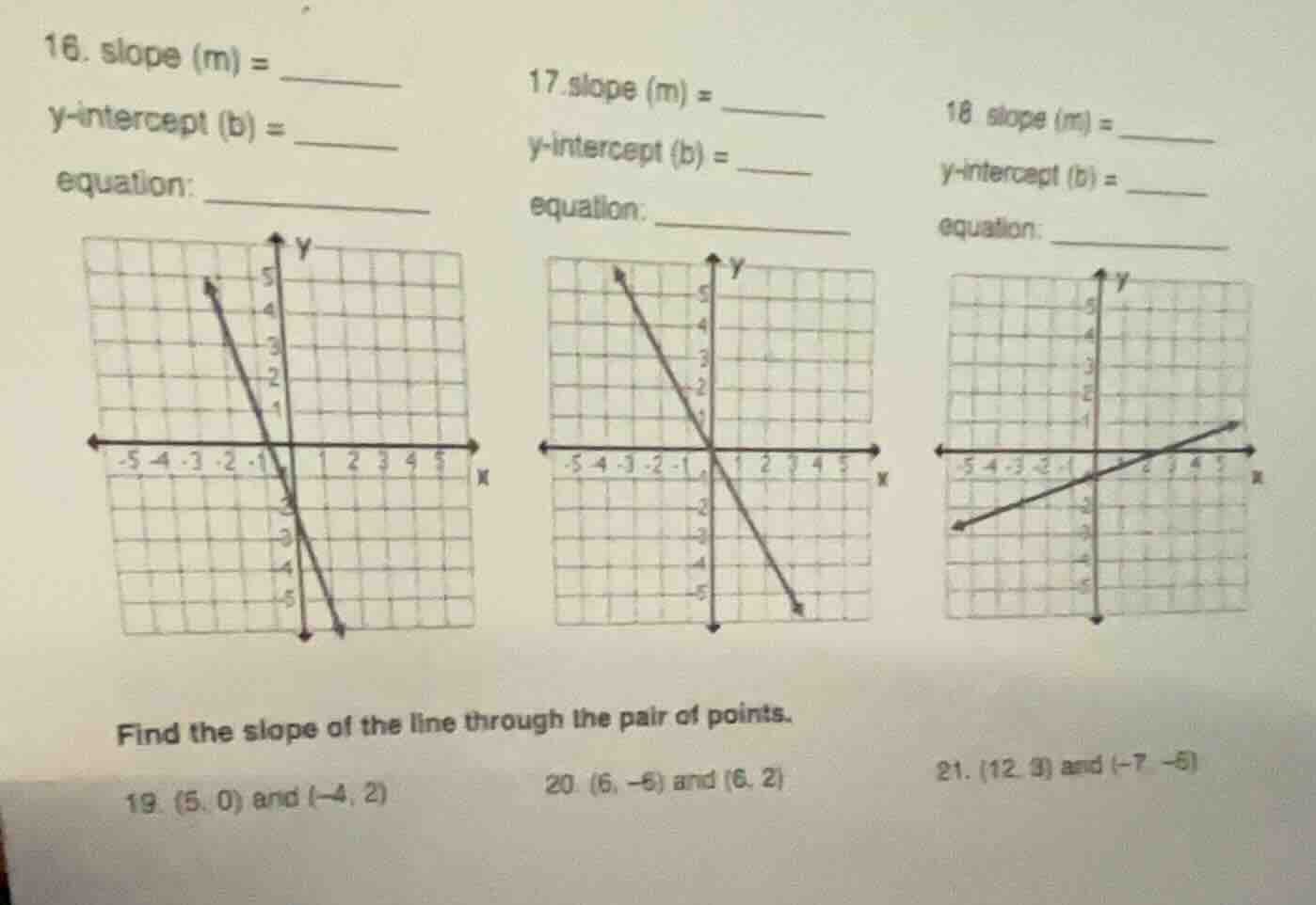 16. slope (m) = y-intercept (b) = equation: 17. slope (m) = y-intercept…