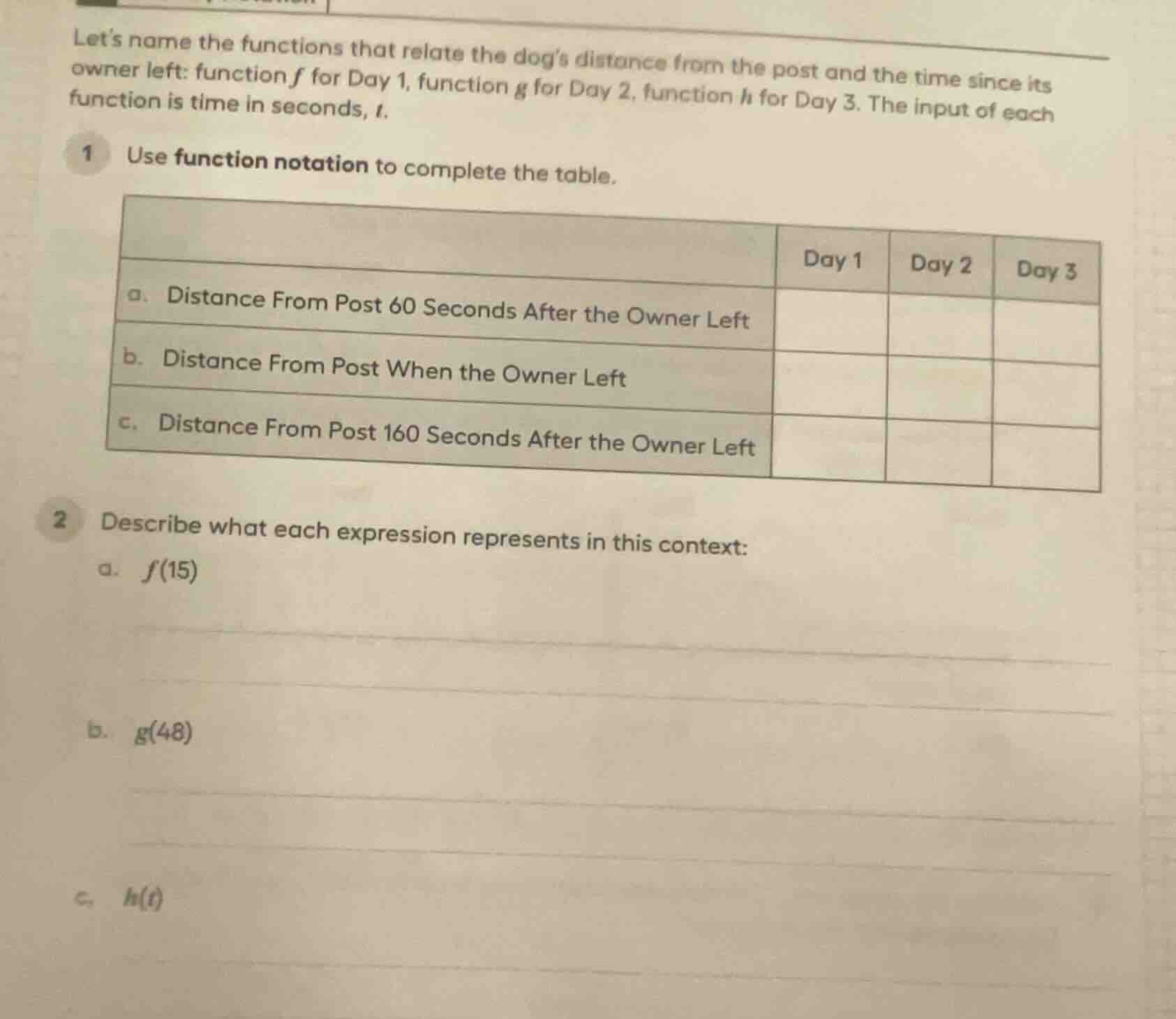 let’s name the functions that relate the dog’s distance from the post a…