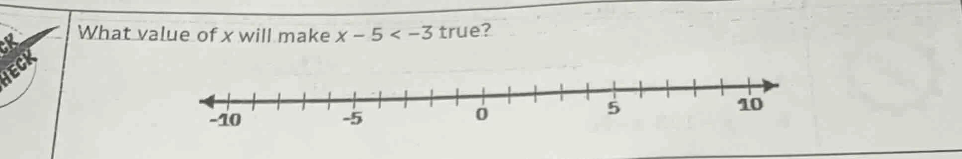 what value of x will make $x - 5 < -3$ true? (there is a number line wi…