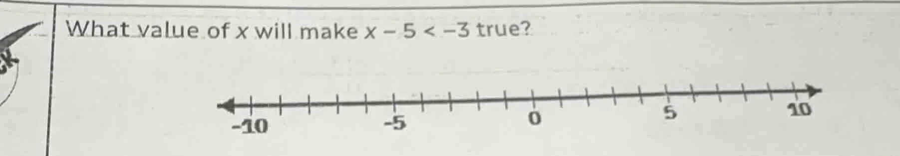what value of x will make $x - 5 < -3$ true? (number line from -10 to 1…