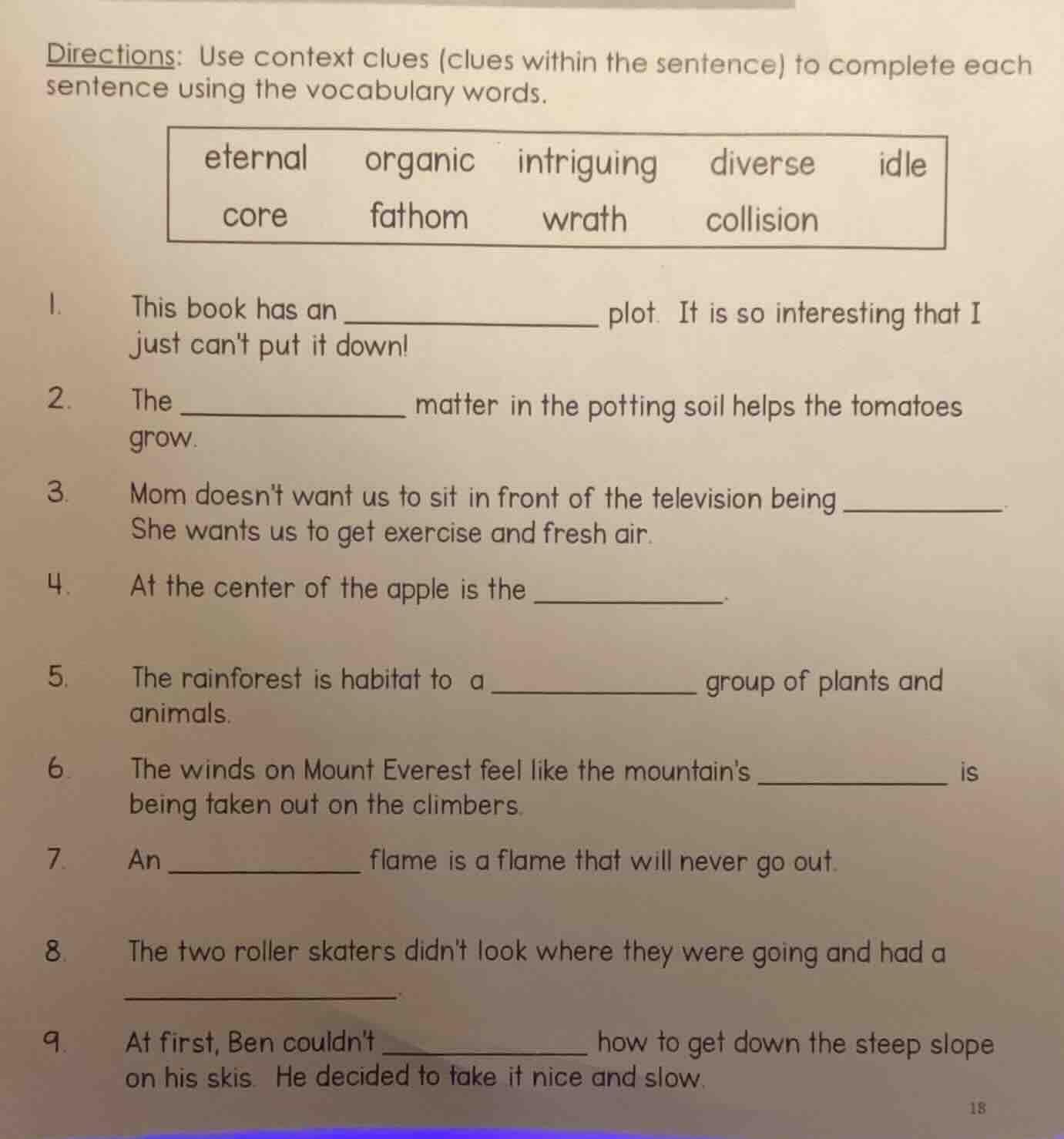 directions: use context clues (clues within the sentence) to complete e…