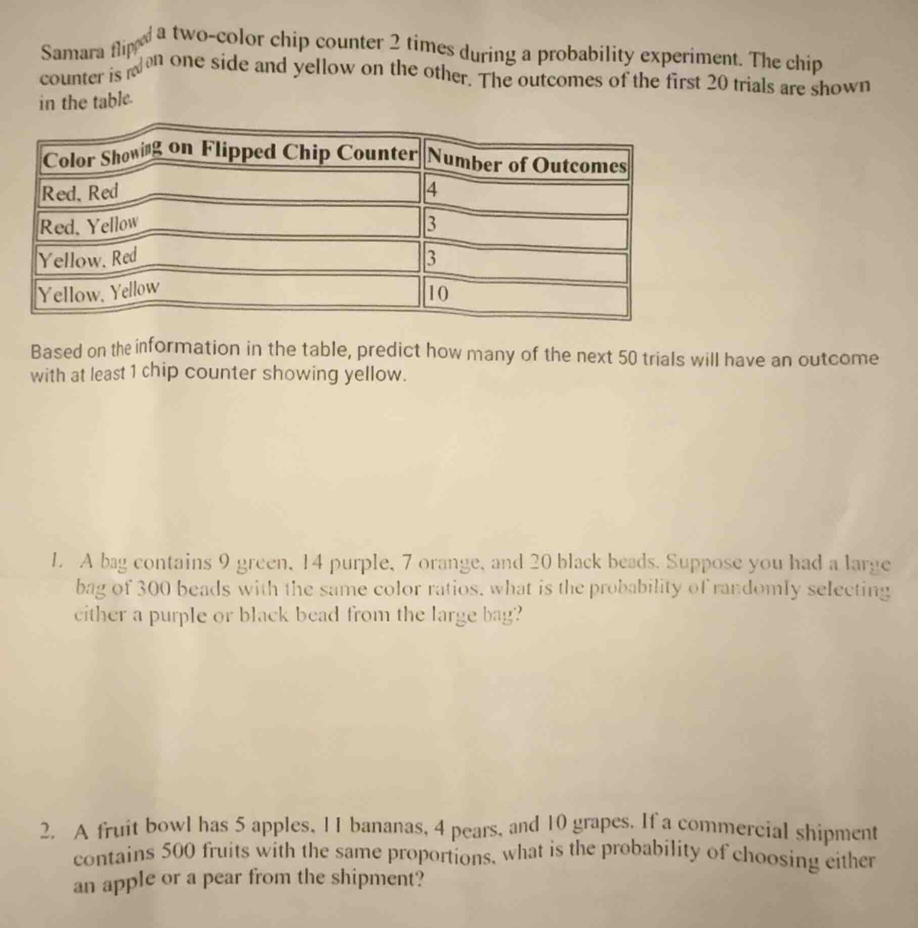 samara flipped a two - color chip counter 2 times during a probability …