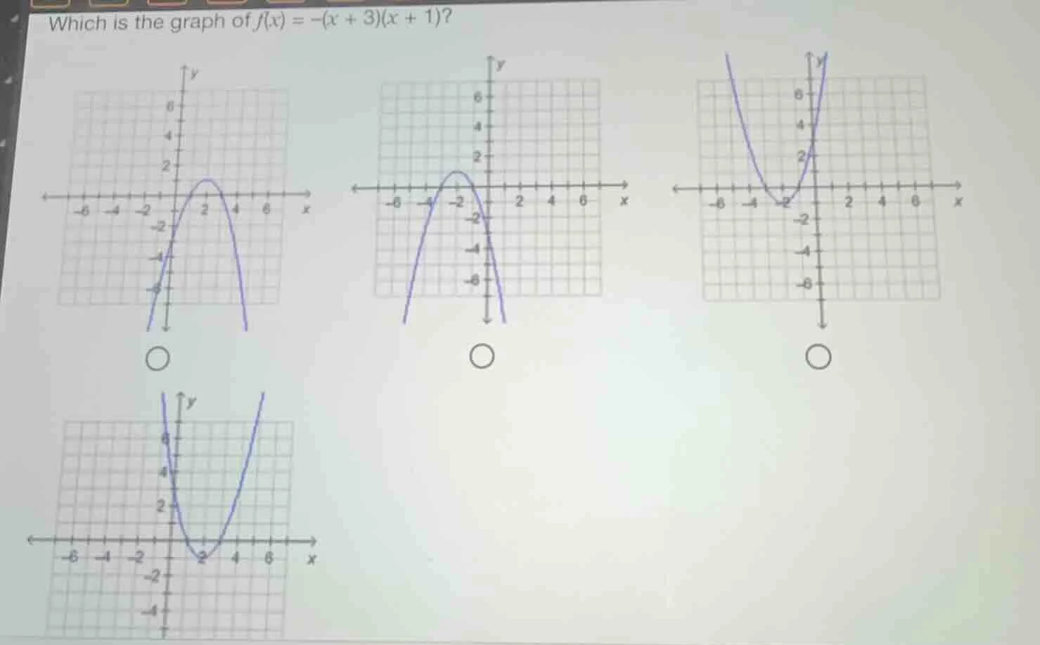 which is the graph of $f(x) = -(x + 3)(x + 1)$? (four graphs are shown …