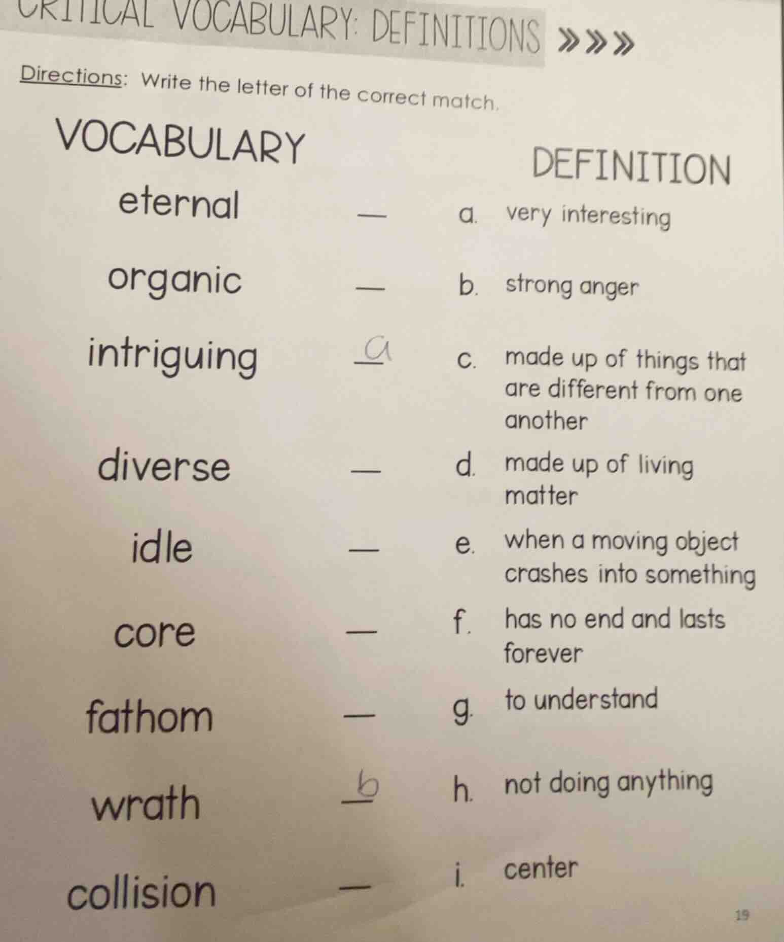 critical vocabulary: definitions directions: write the letter of the co…
