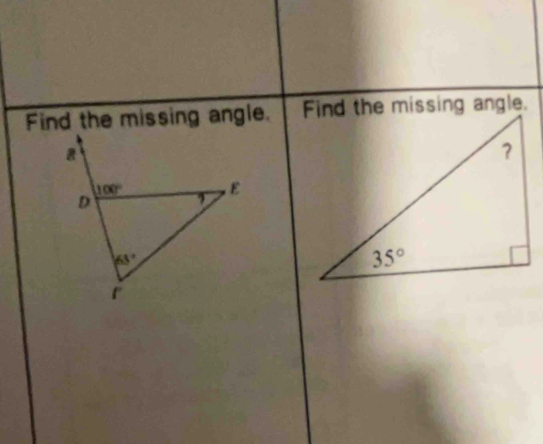 find the missing angle. (left triangle: angle at d with exterior angle …