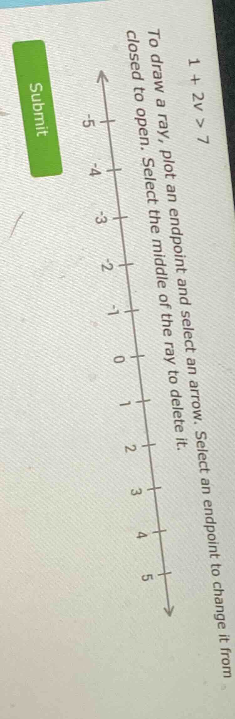 1 + 2v > 7 to draw a ray, plot an endpoint and select an arrow. select …