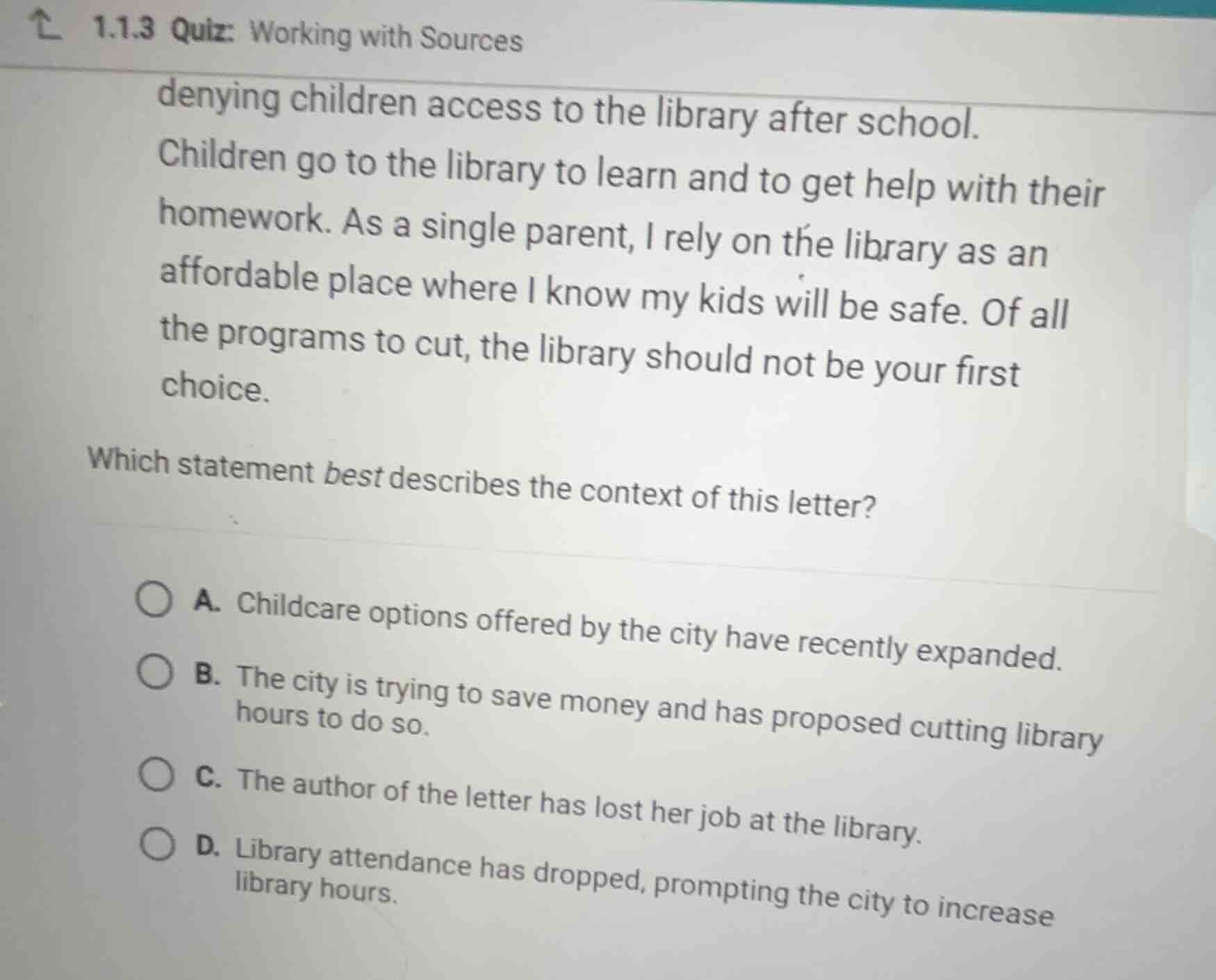 1.1.3 quiz: working with sources denying children access to the library…