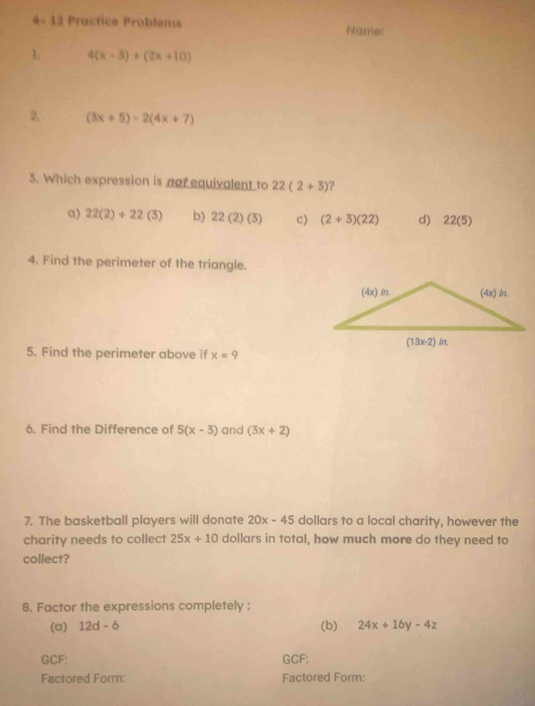 4-12 practice problems name: 1. \\(4(x - 3) + (2x + 10)\\) 2. \\((3x + …