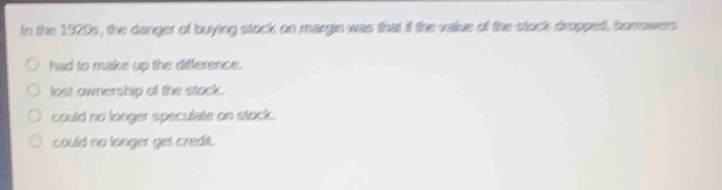 in the 1920s, the danger of buying stock on margin was that if the valu…