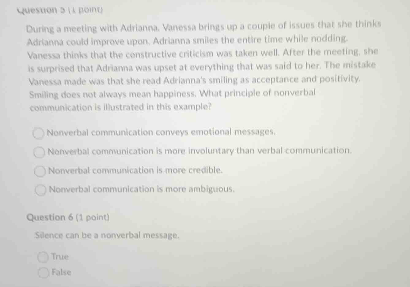 question 5 (1 point) during a meeting with adrianna, vanessa brings up …