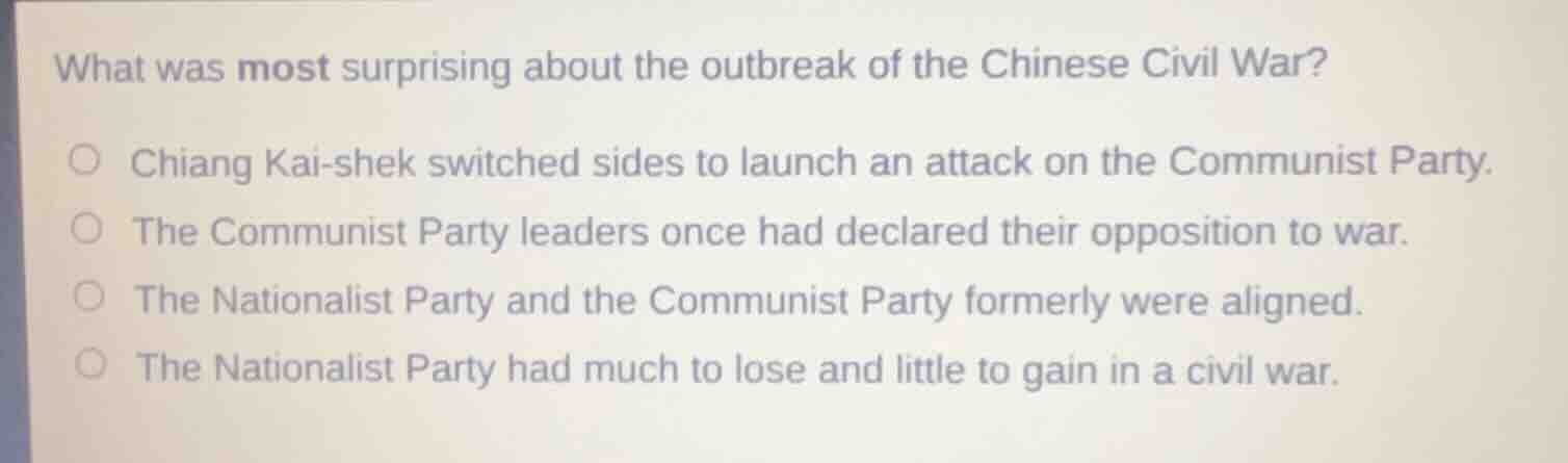 what was most surprising about the outbreak of the chinese civil war? ○…