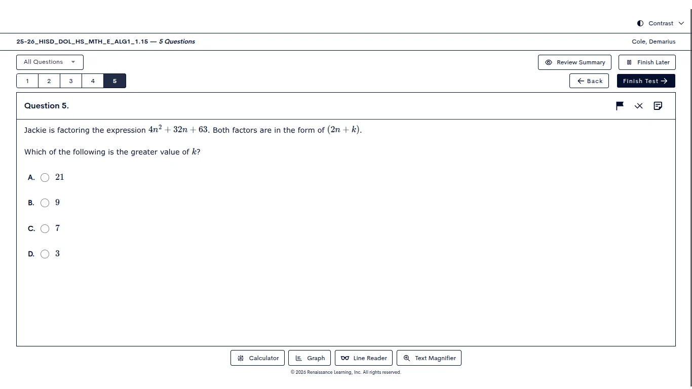 question 5. jackie is factoring the expression $4n^2 + 32n + 63$. both …