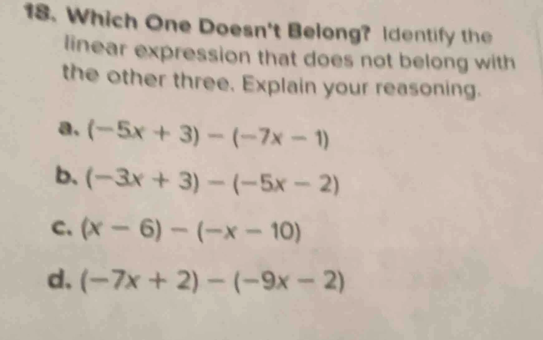 18. which one doesnt belong? identify the linear expression that does n…