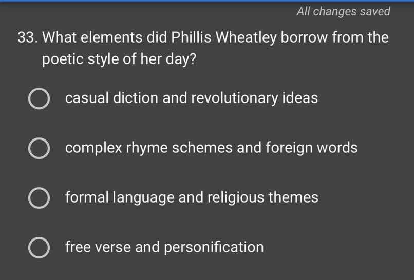 33. what elements did phillis wheatley borrow from the poetic style of …