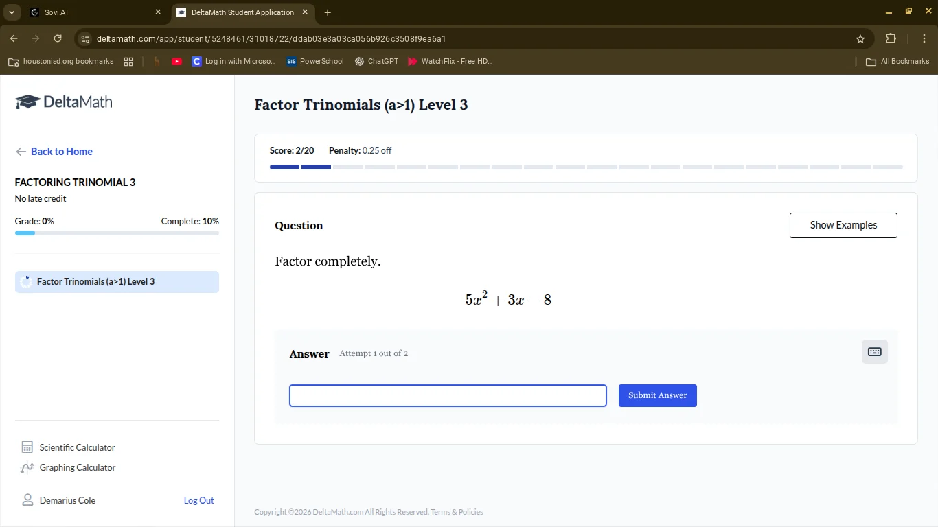 factor completely. $5x^2 + 3x - 8$