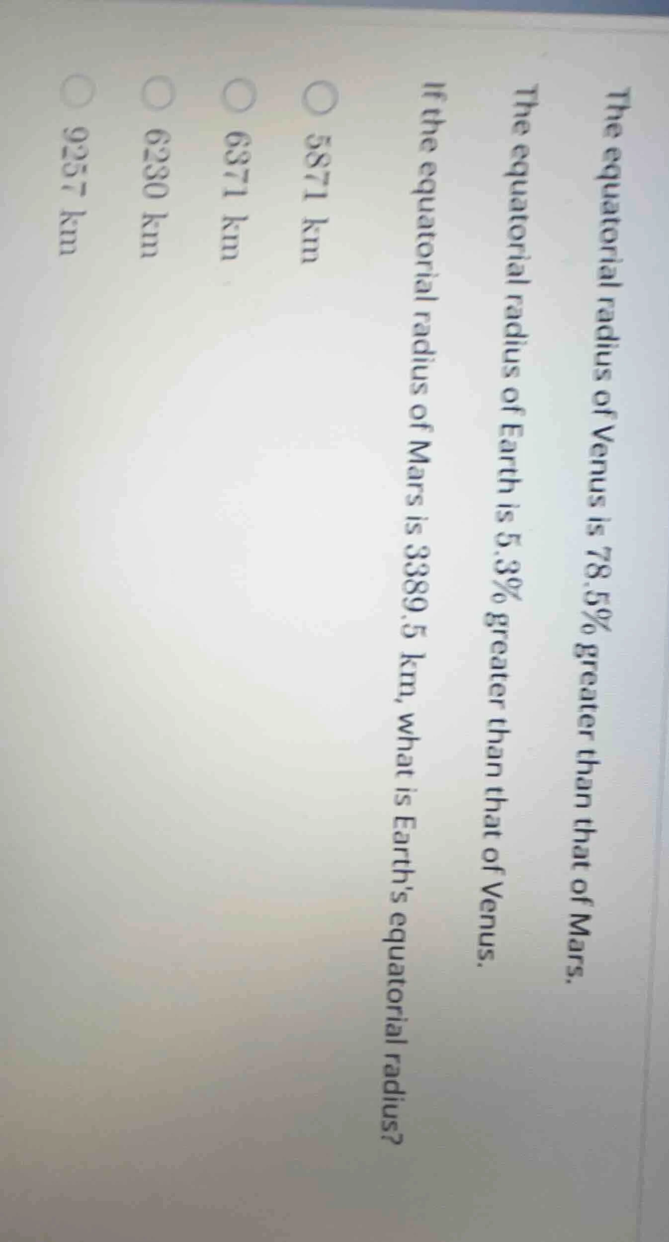 the equatorial radius of venus is 78.5% greater than that of mars. the …