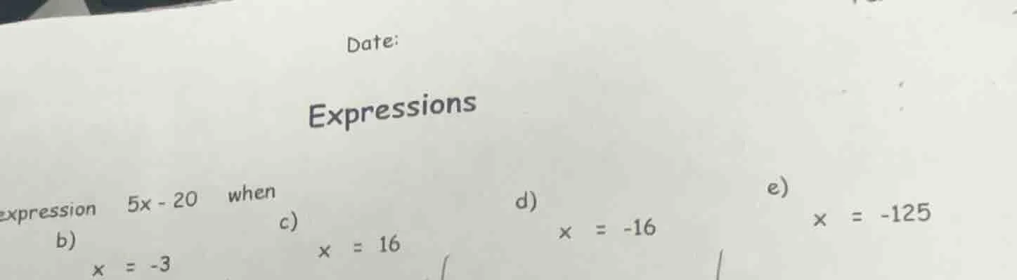 date: expressions expression 5x - 20 when b) x = -3 c) x = 16 d) x = -1…