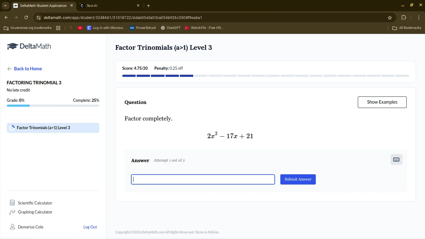 factor completely. $2x^2 - 17x + 21$