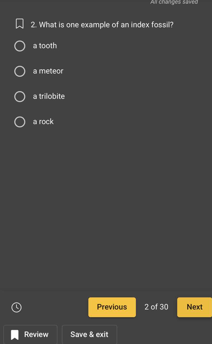 2. what is one example of an index fossil? a tooth a meteor a trilobite…