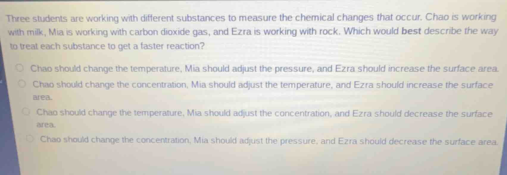 three students are working with different substances to measure the che…