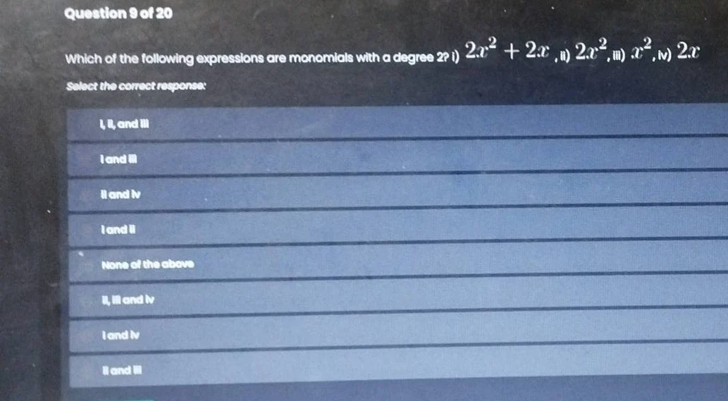 question 9 of 20 which of the following expressions are monomials with …
