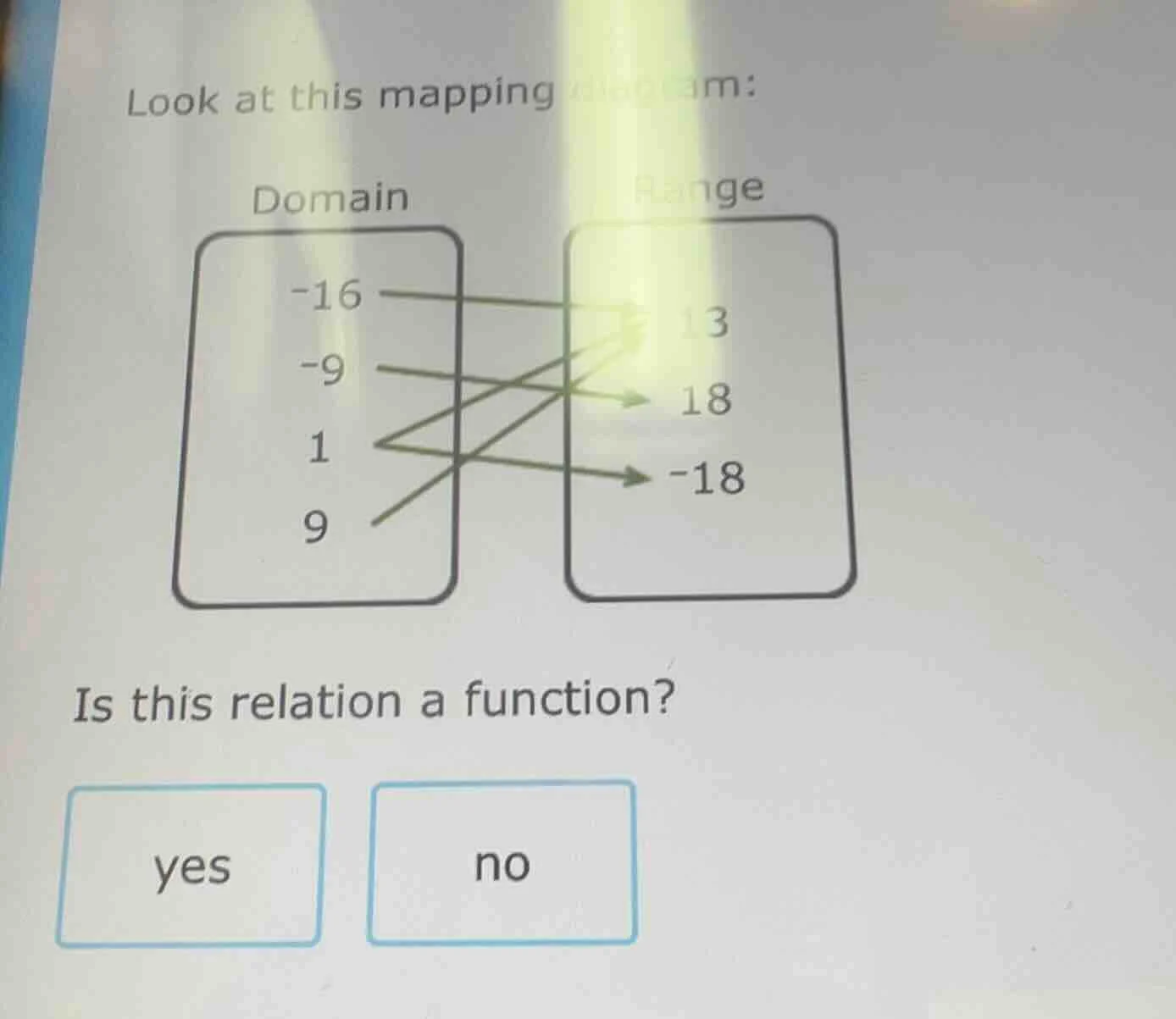 look at this mapping diagram: domain: -16, -9, 1, 9 range: 13, 18, -18 …