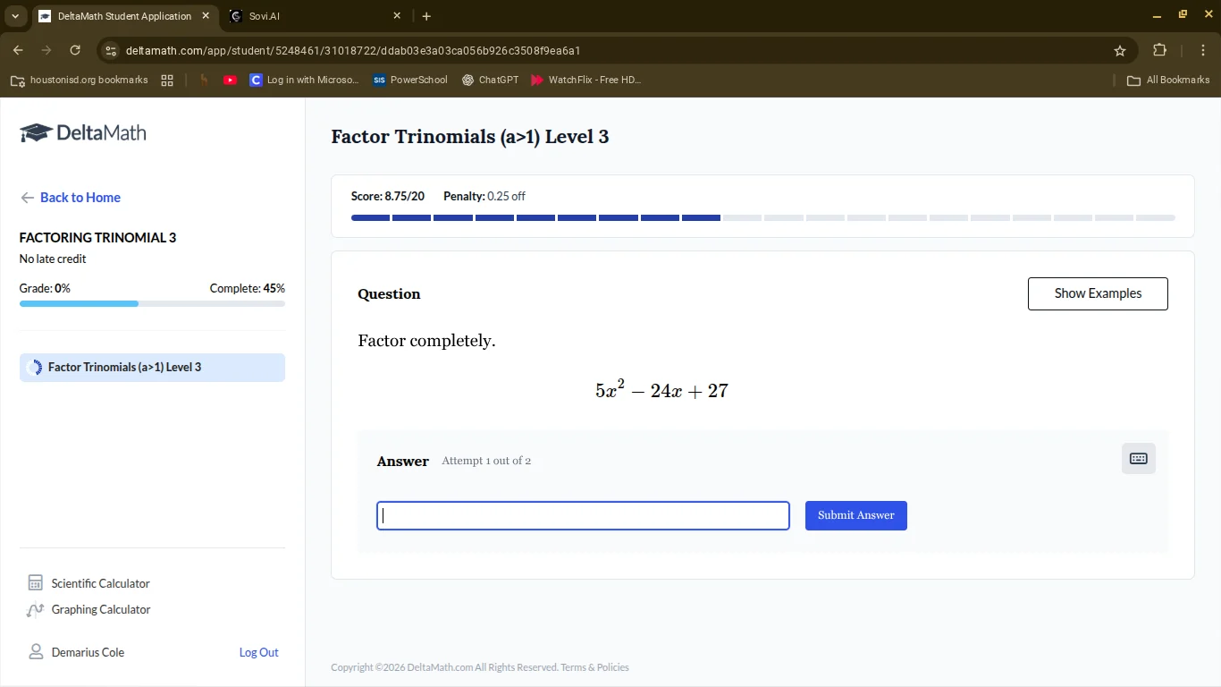factor completely. $5x^2 - 24x + 27$