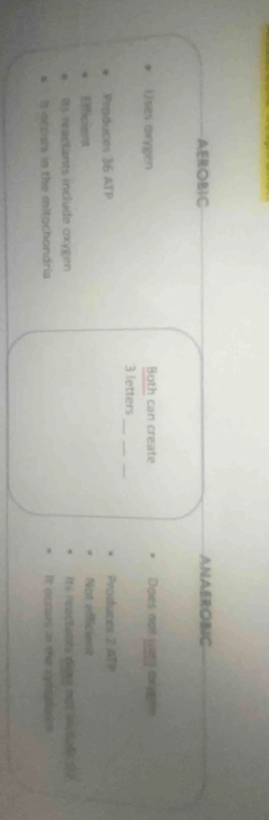 aerobic - uses oxygen - produces 36 atp - efficient - so reactants incl…