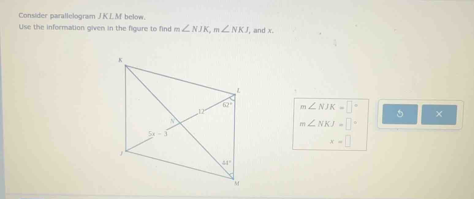 consider parallelogram jklm below. use the information given in the fig…