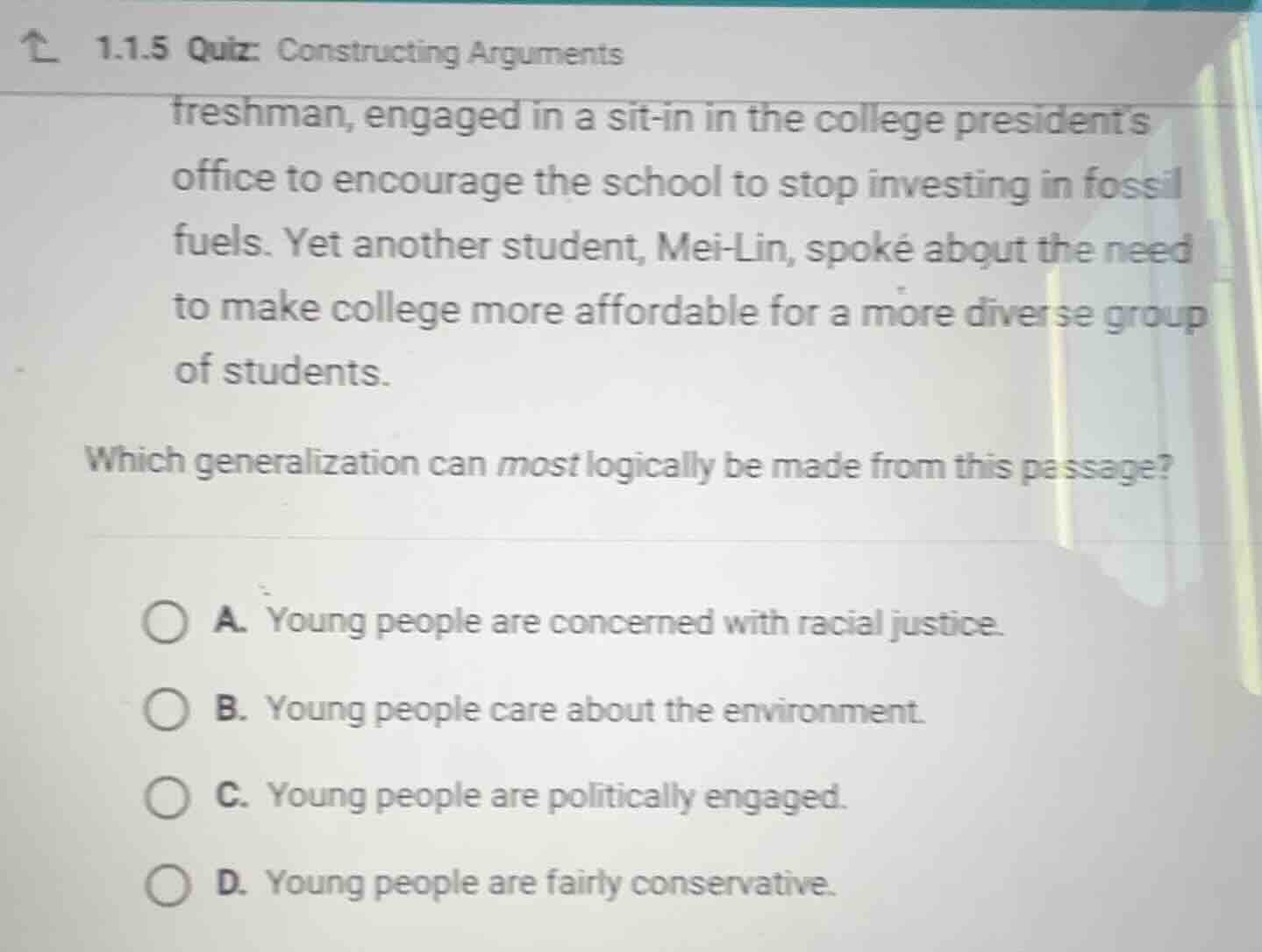 1.1.5 quiz: constructing arguments freshman, engaged in a sit - in in t…