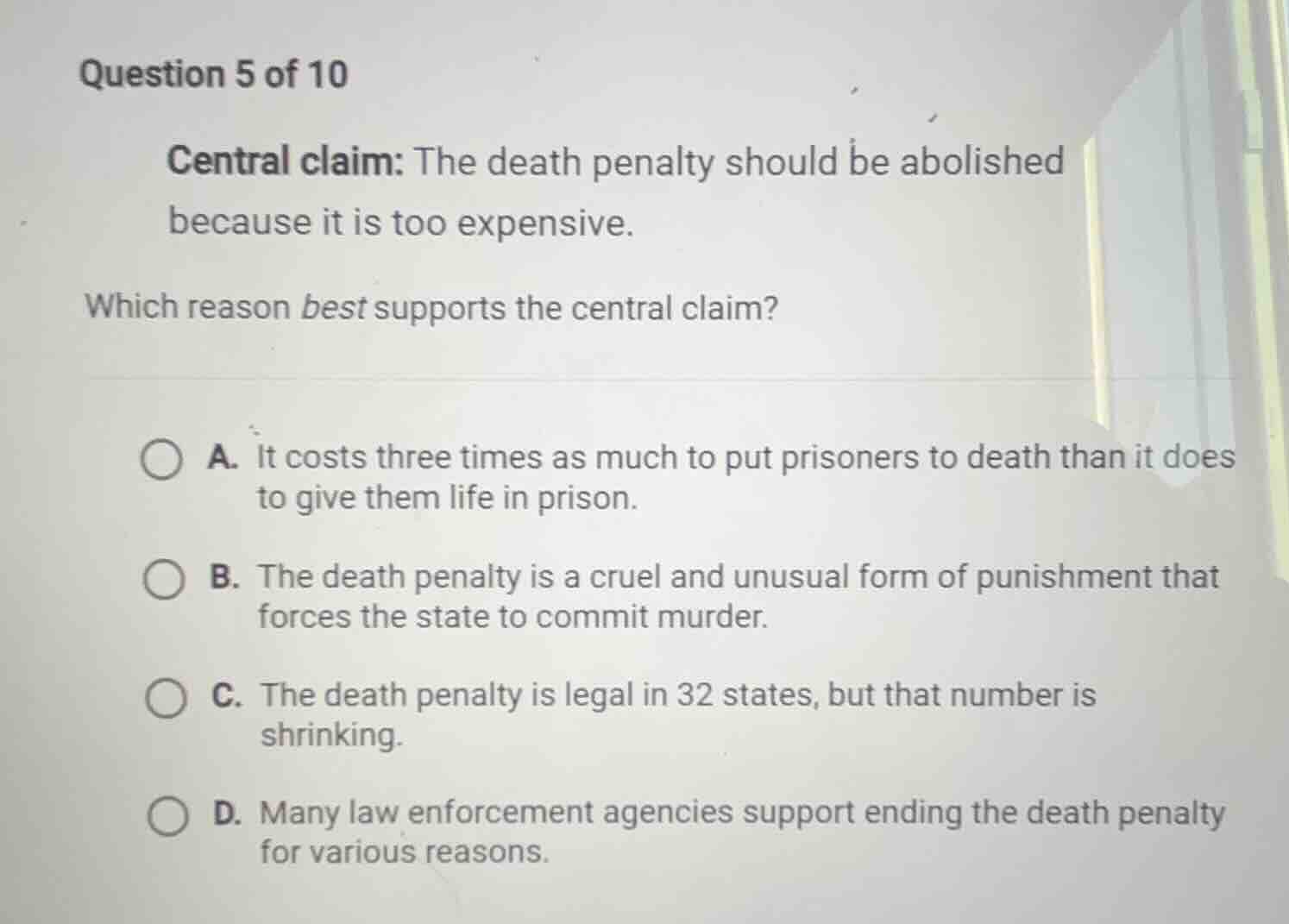 question 5 of 10 central claim: the death penalty should be abolished b…