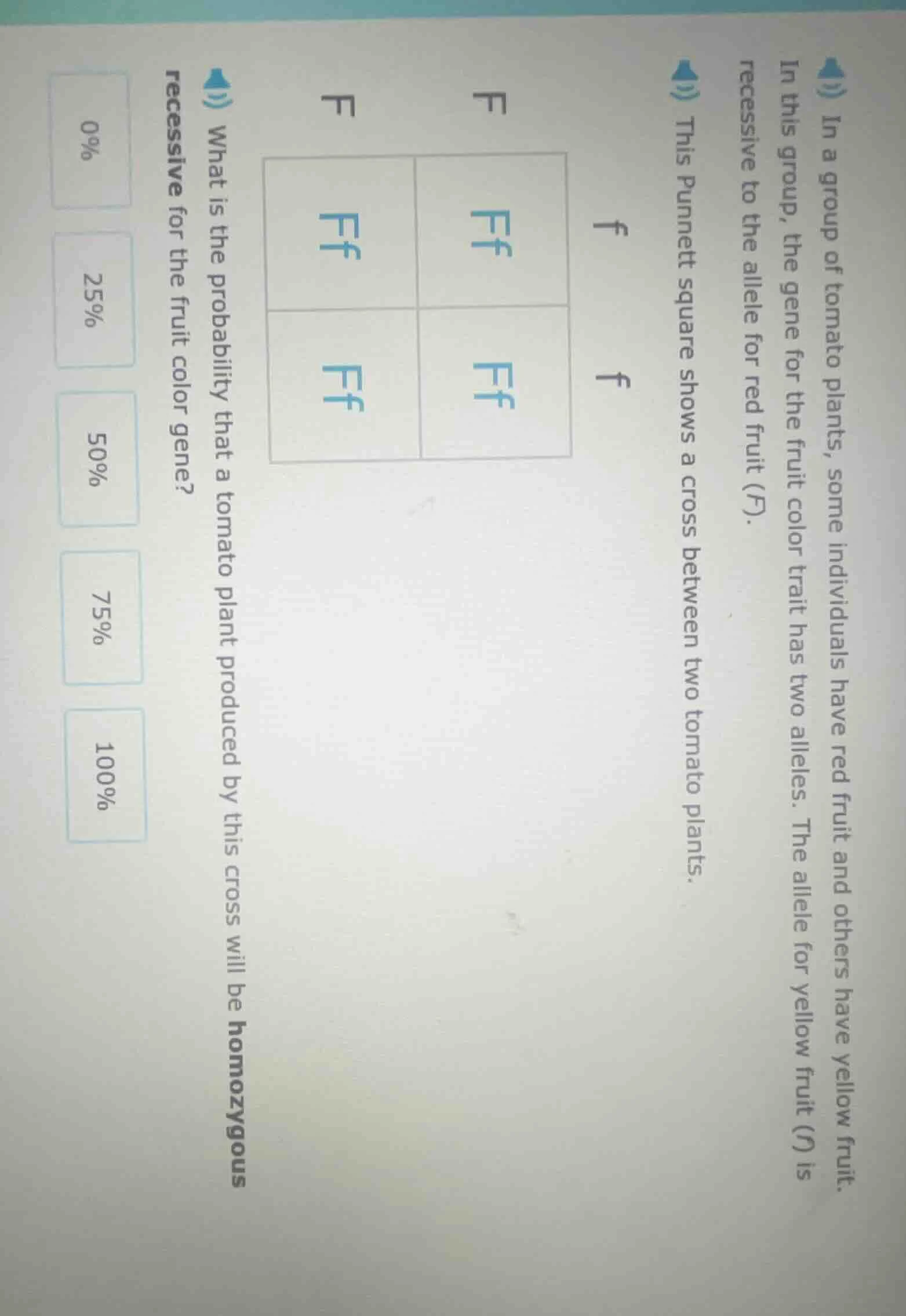 in a group of tomato plants, some individuals have red fruit and others…