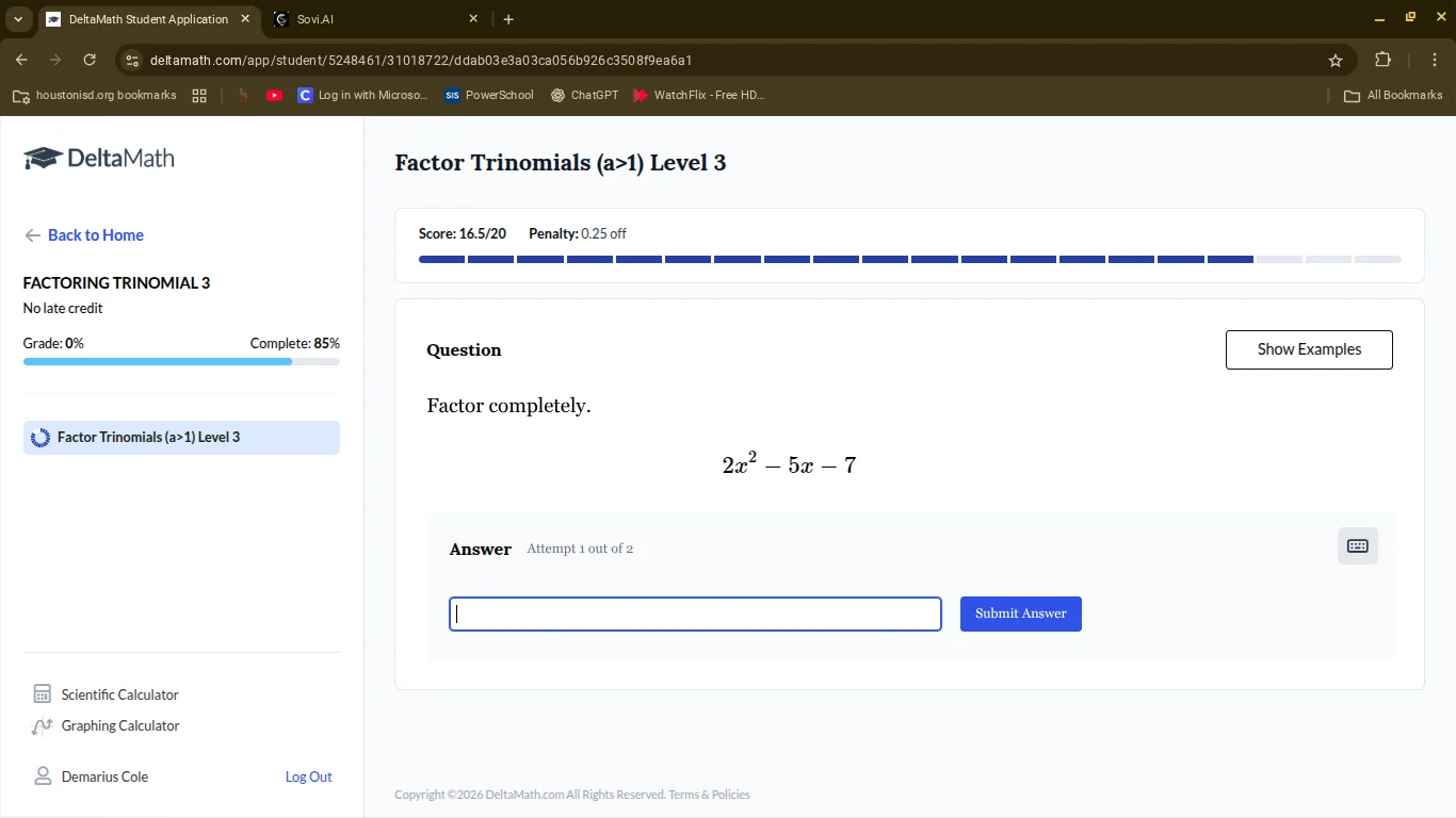 factor completely. $2x^2 - 5x - 7$