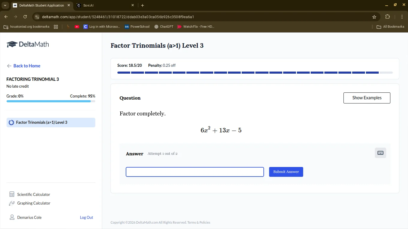 factor completely. $6x^2 + 13x - 5$