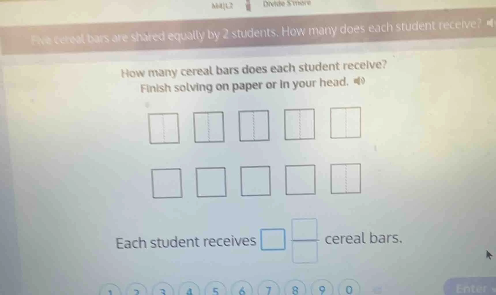 five cereal bars are shared equally by 2 students. how many does each s…
