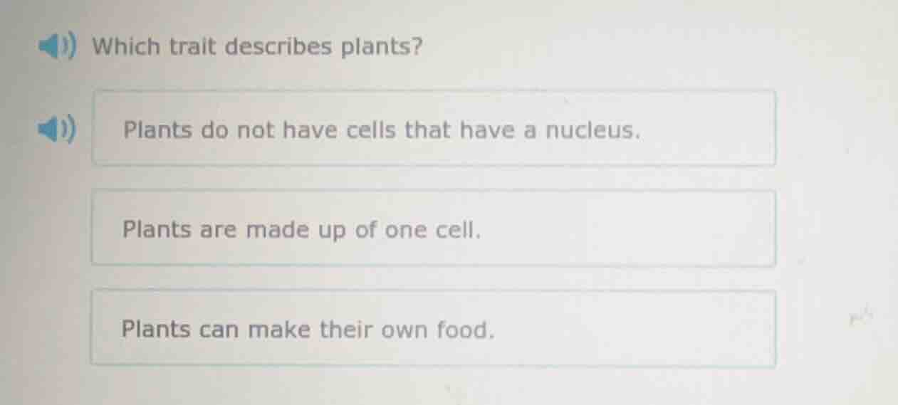 which trait describes plants? plants do not have cells that have a nucl…