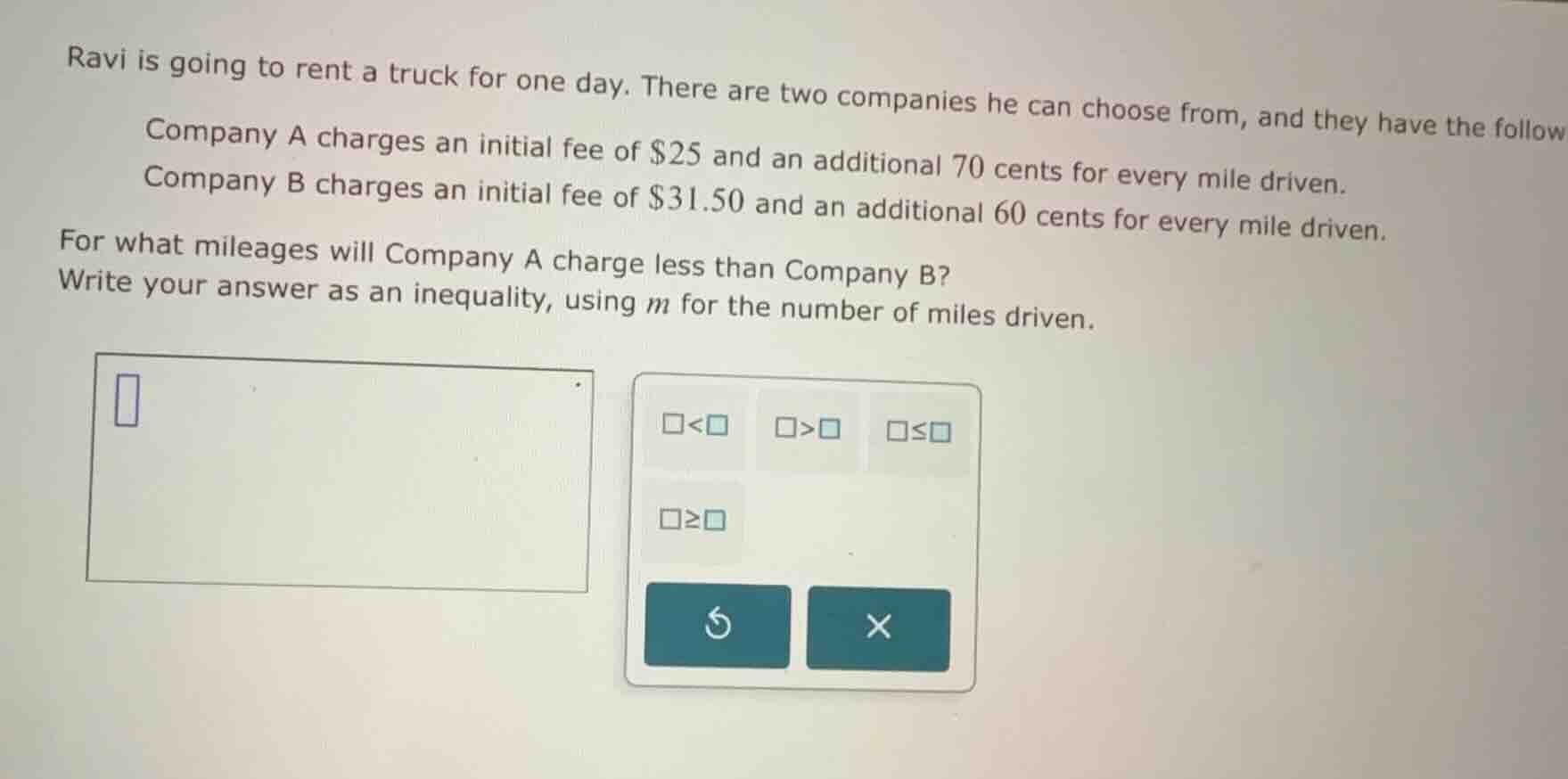 ravi is going to rent a truck for one day. there are two companies he c…