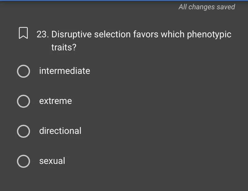23. disruptive selection favors which phenotypic traits? intermediate e…