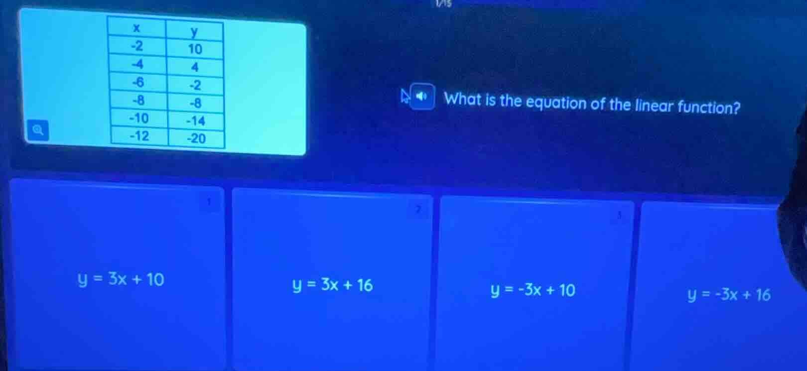 x | y -2 | 10 -4 | 4 -6 | -2 -8 | -8 -10 | -14 -12 | -20 what is the eq…