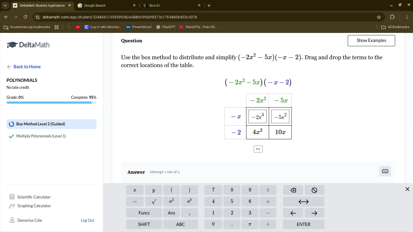 use the box method to distribute and simplify $(-2x^2 - 5x)(-x - 2)$. d…