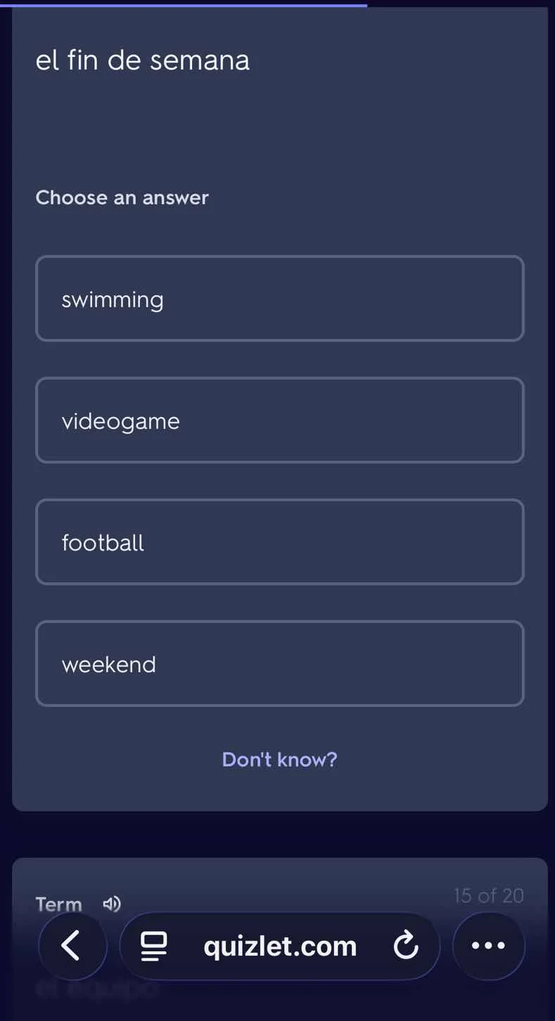 el fin de semana choose an answer swimming videogame football weekend d…