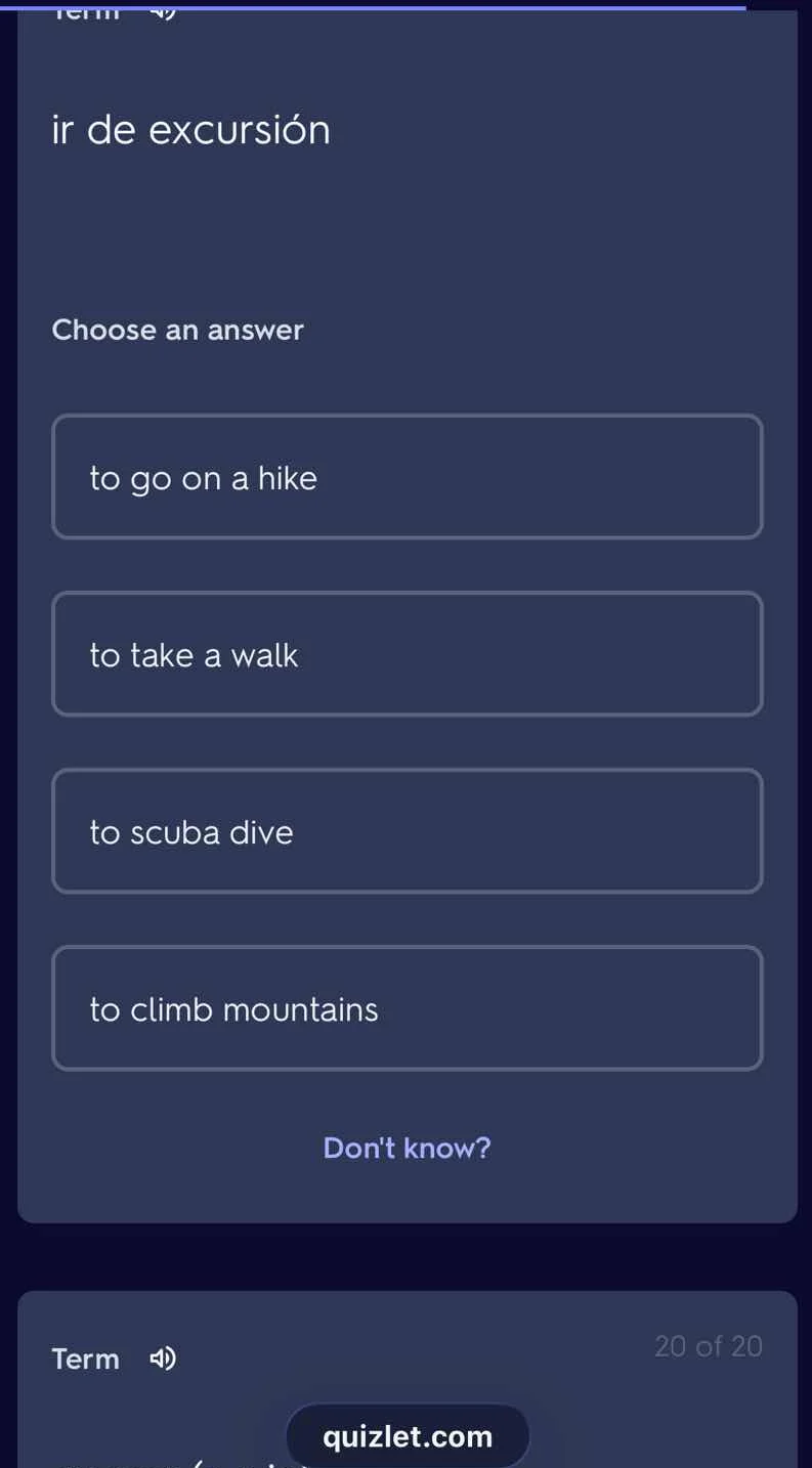 ir de excursión choose an answer to go on a hike to take a walk to scub…