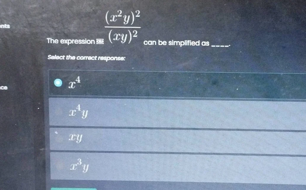 the expression \\(\frac{(x^2 y)^2}{(xy)^2}\\) can be simplified as ____…