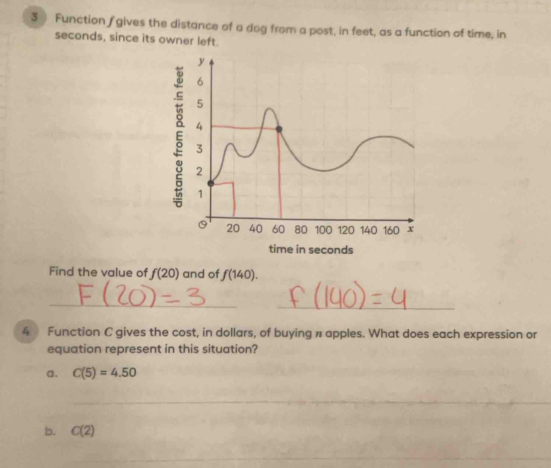 3 function f gives the distance of a dog from a post, in feet, as a fun…
