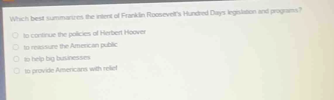 which best summarizes the intent of franklin roosevelts hundred days le…
