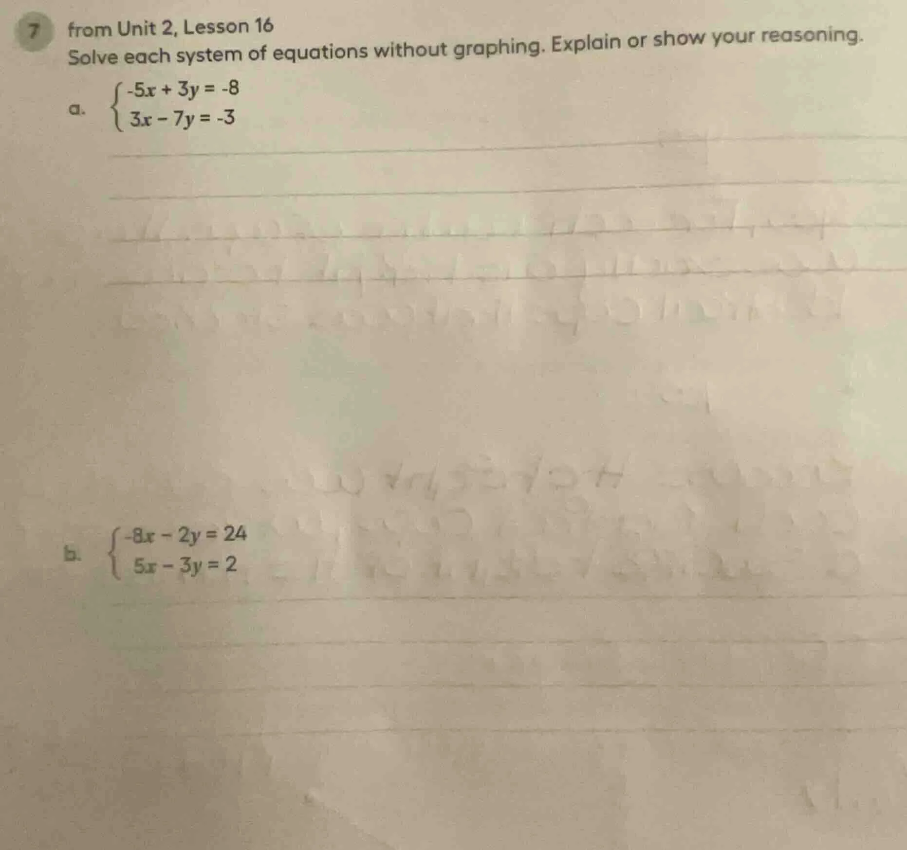 7 from unit 2, lesson 16 solve each system of equations without graphin…