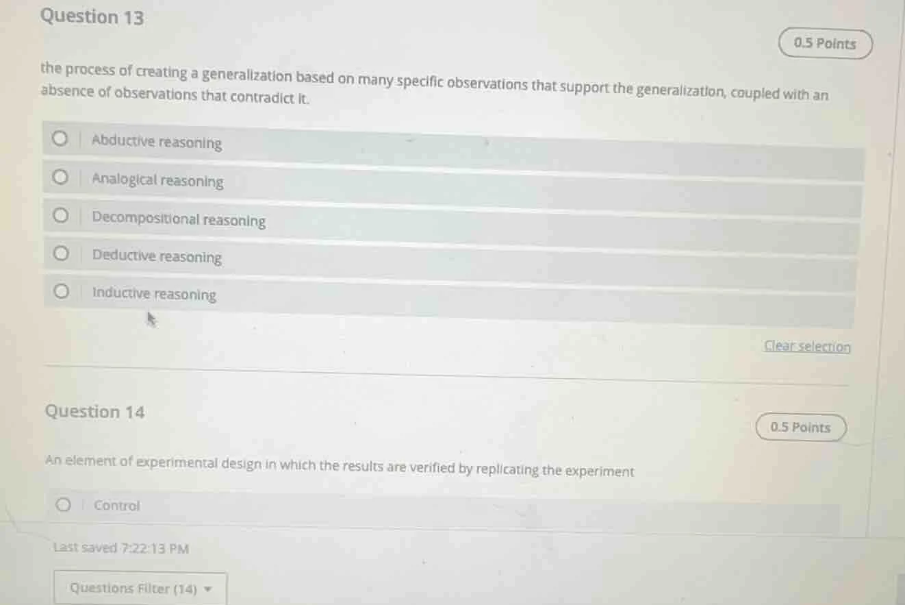 question 13 0.5 points the process of creating a generalization based o…