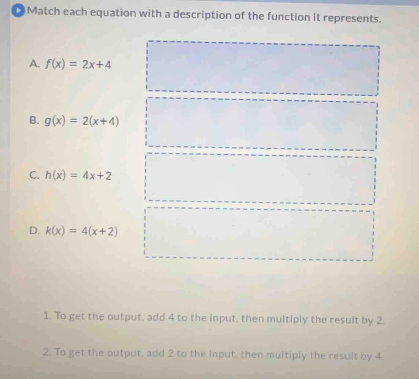 match each equation with a description of the function it represents. a…