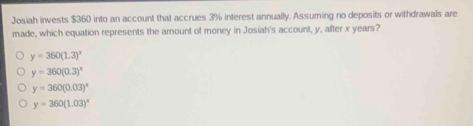 josiah invests $360 into an account that accrues 3% interest annually. …