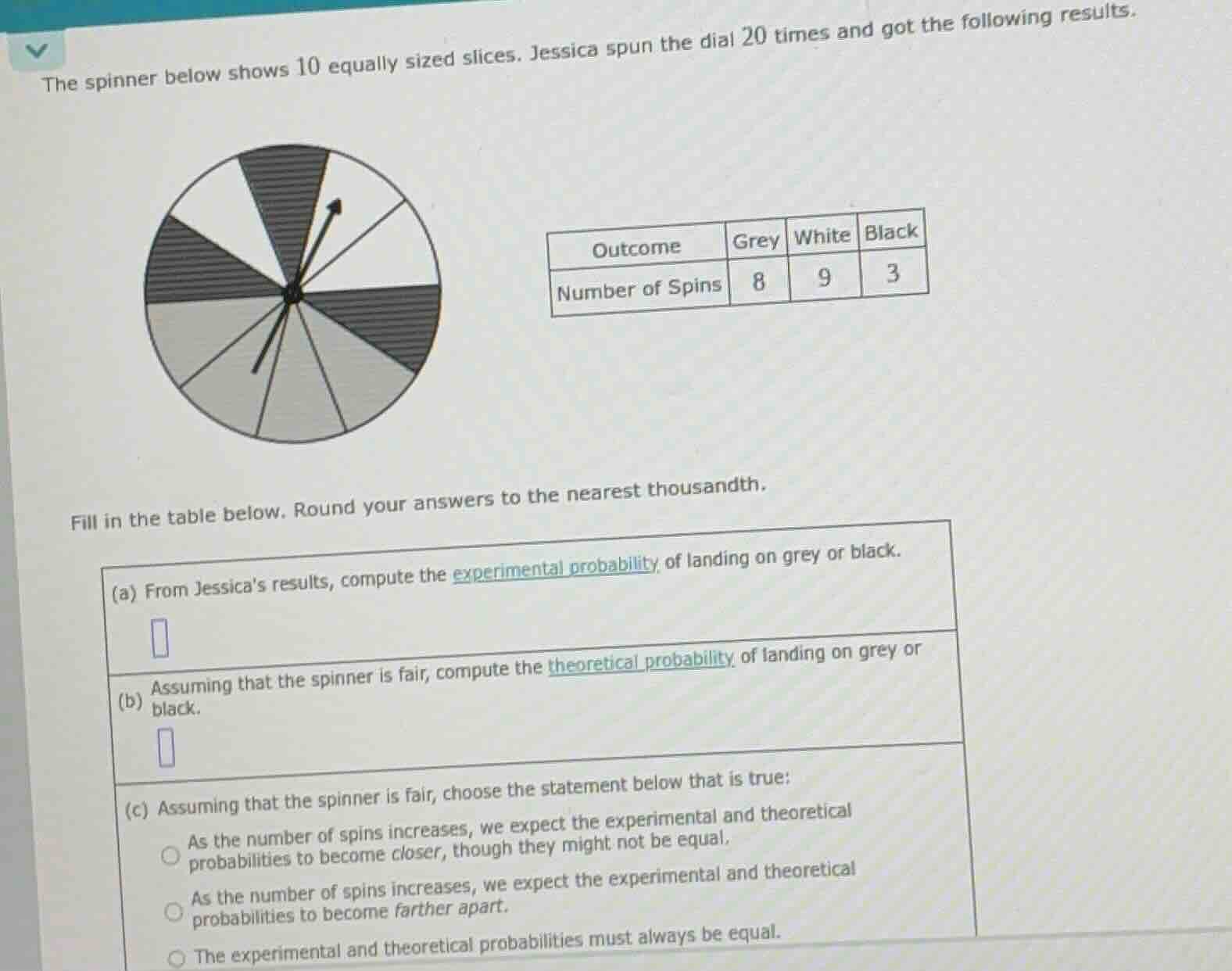the spinner below shows 10 equally sized slices. jessica spun the dial …